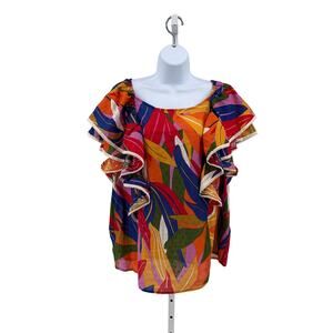 Marc New York Multicolor Tropical Ruffle Sleeve Blouse Womens 2X Lace Trimmed